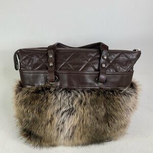 Chanel XL Travel Tote – Brown Calfskin Leather & Faux Fur With Silver Accents